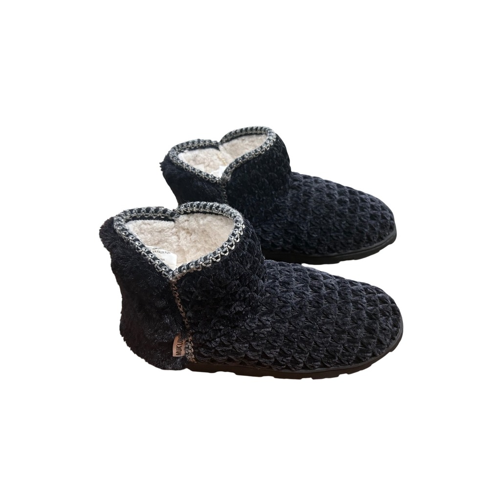 Muk Luks Cozy Black Knit Faux Fur Lined Slipper Booties Womens Size 8